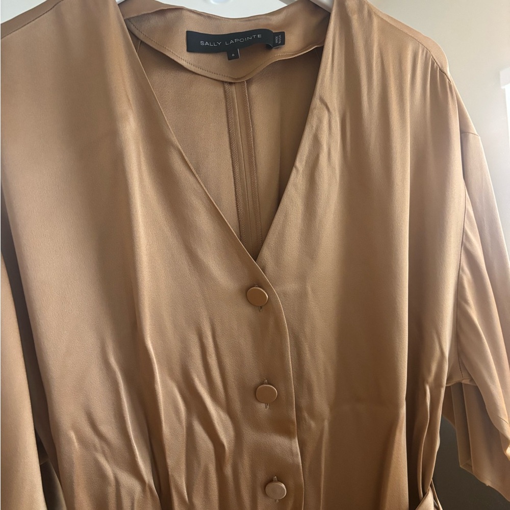 LaPointe Camel/Gold satin belted jumpsuit
